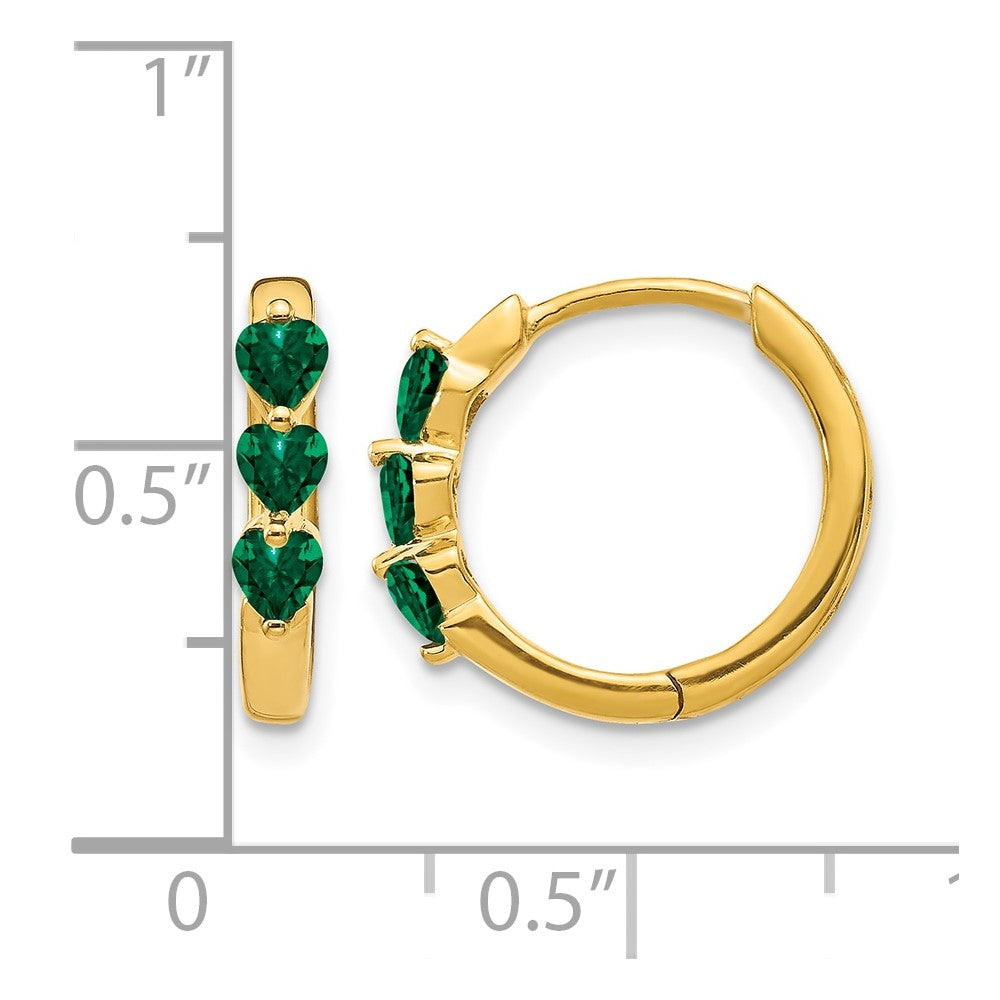 14k Yellow Gold Created Emerald Polished Hinged Hoop Earrings