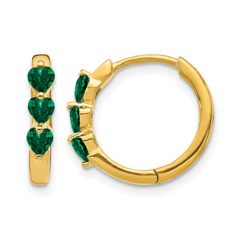 14k Yellow Gold Created Emerald Polished Hinged Hoop Earrings