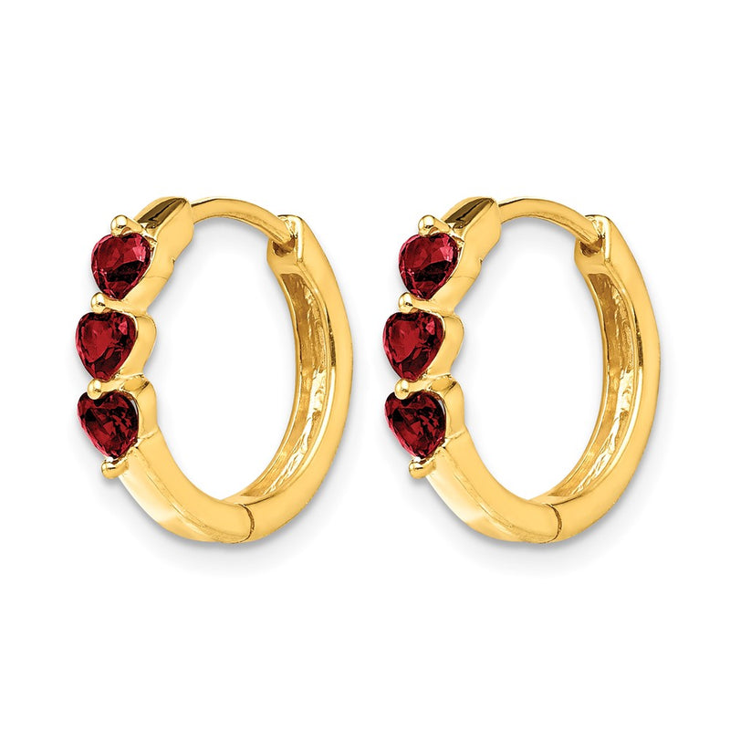 Solid 14k Yellow Gold Created Simulated Ruby Polished Hinged Hoop Earrings