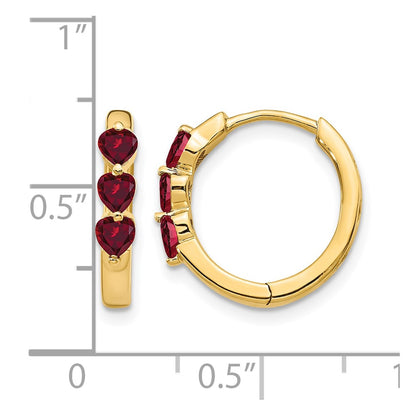 Solid 14k Yellow Gold Created Simulated Ruby Polished Hinged Hoop Earrings