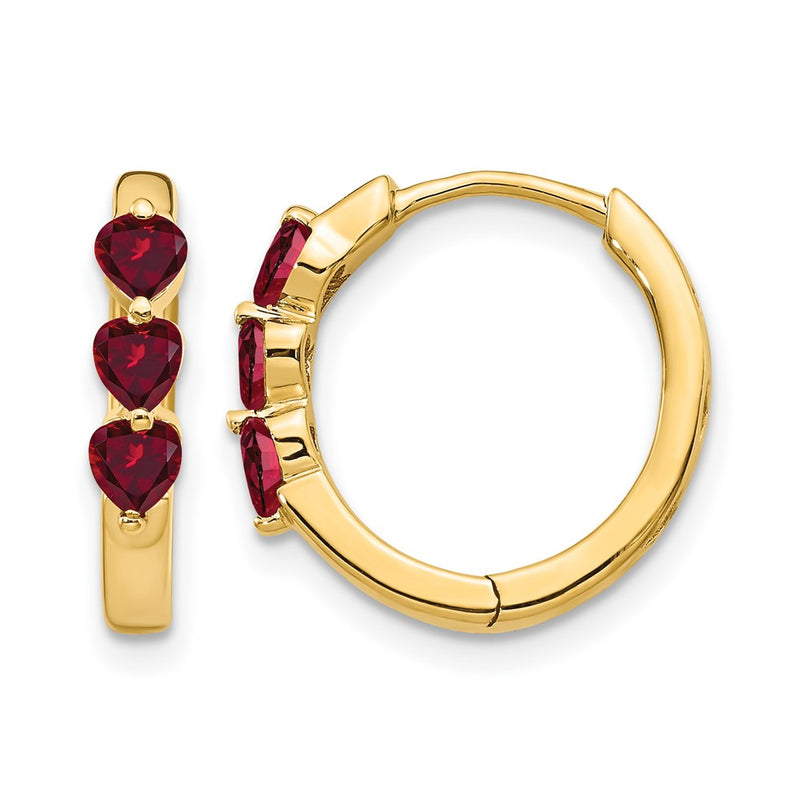 Solid 14k Yellow Gold Created Simulated Ruby Polished Hinged Hoop Earrings