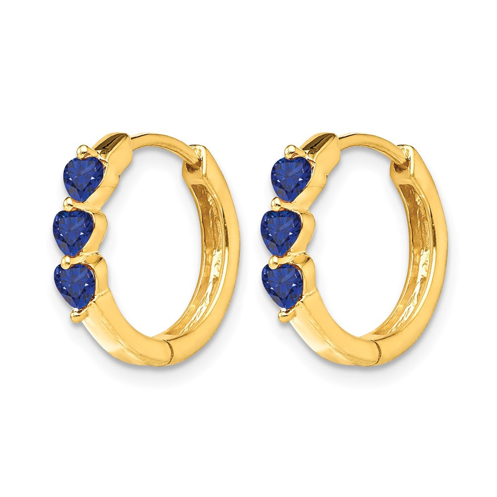 Solid 14k Yellow Gold Created Simulated Sapphire Polished Hinged Hoop Earrings