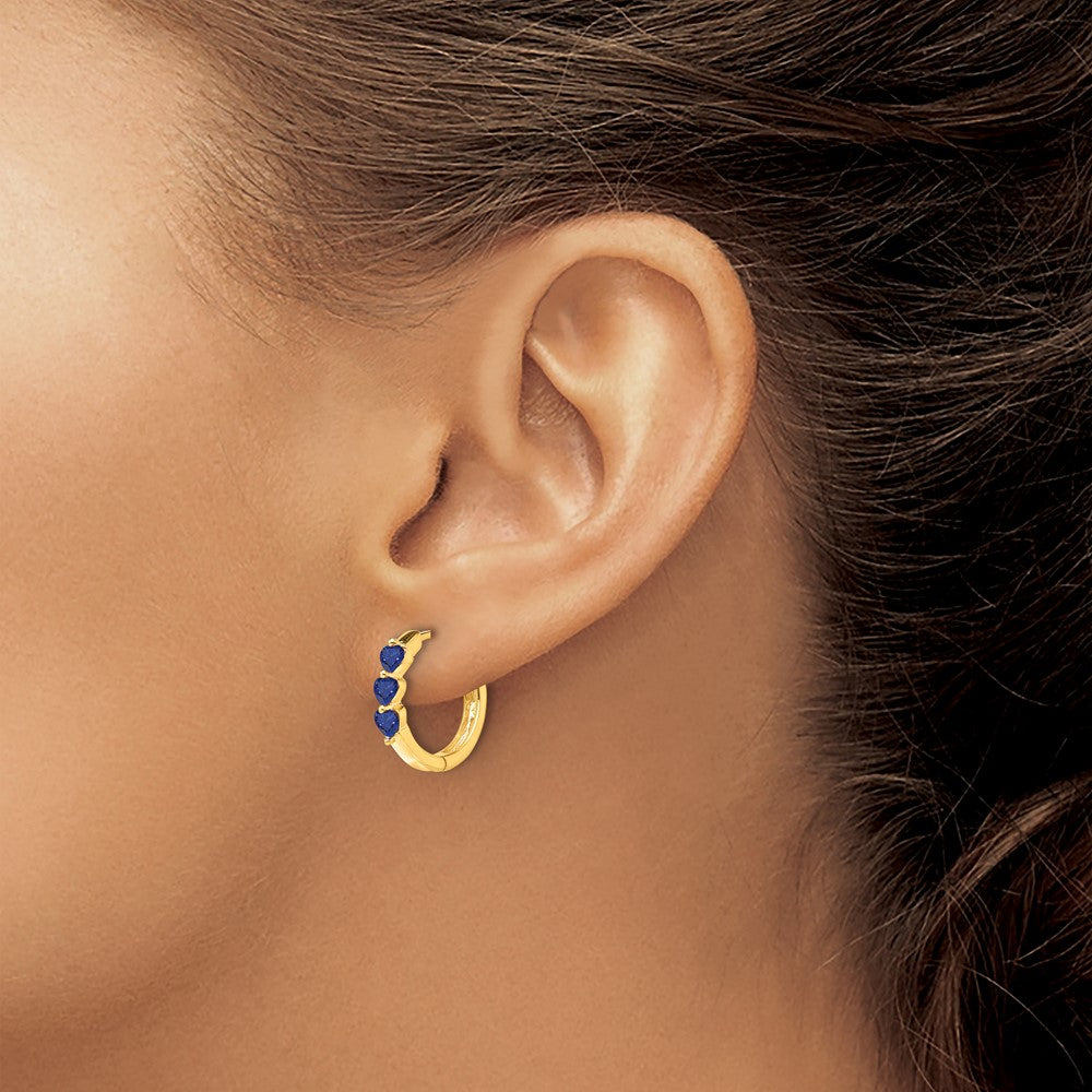 Solid 14k Yellow Gold Created Simulated Sapphire Polished Hinged Hoop Earrings
