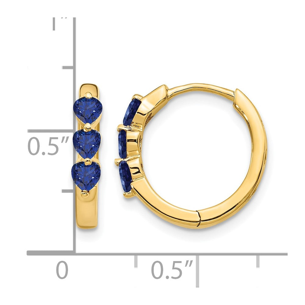 Solid 14k Yellow Gold Created Simulated Sapphire Polished Hinged Hoop Earrings