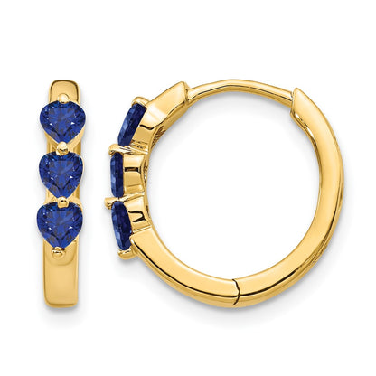 Solid 14k Yellow Gold Created Simulated Sapphire Polished Hinged Hoop Earrings