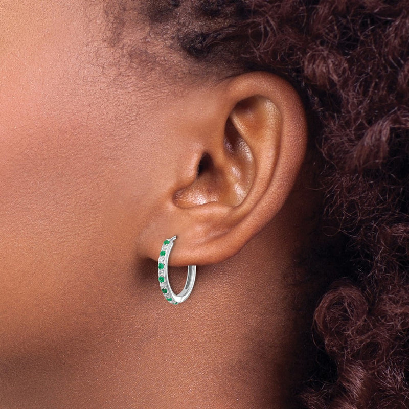 14k White Gold Real Diamond and Emerald Hinged Hoop Earrings