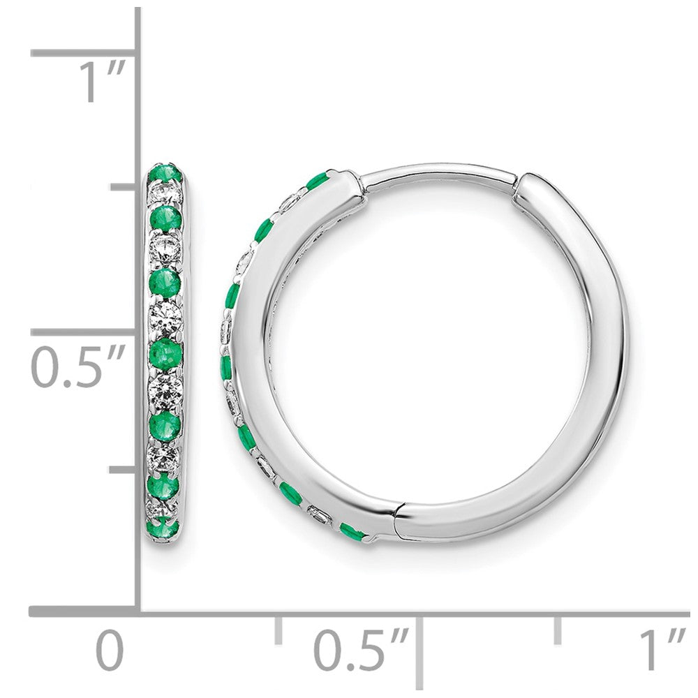14k White Gold Real Diamond and Emerald Hinged Hoop Earrings