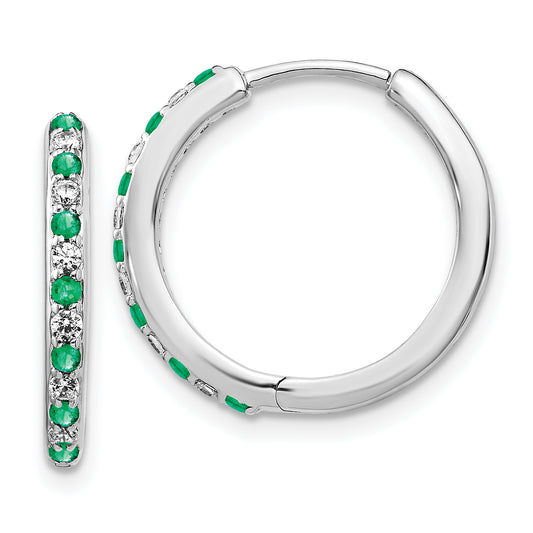 14k White Gold 1/5 Ct. Lab Grown Diamond VS/SI+ G+ and Created Emerald Hinged Hoop Earrings
