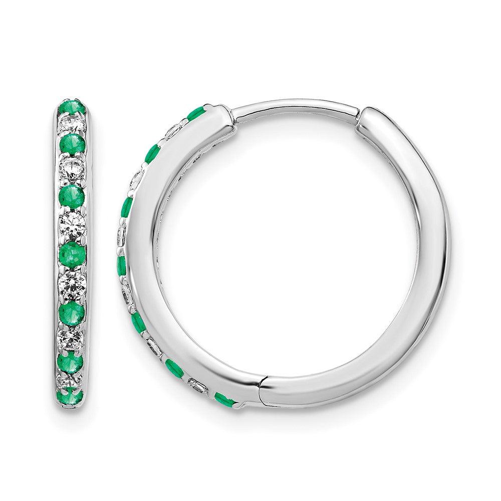 14k White Gold Real Diamond and Emerald Hinged Hoop Earrings