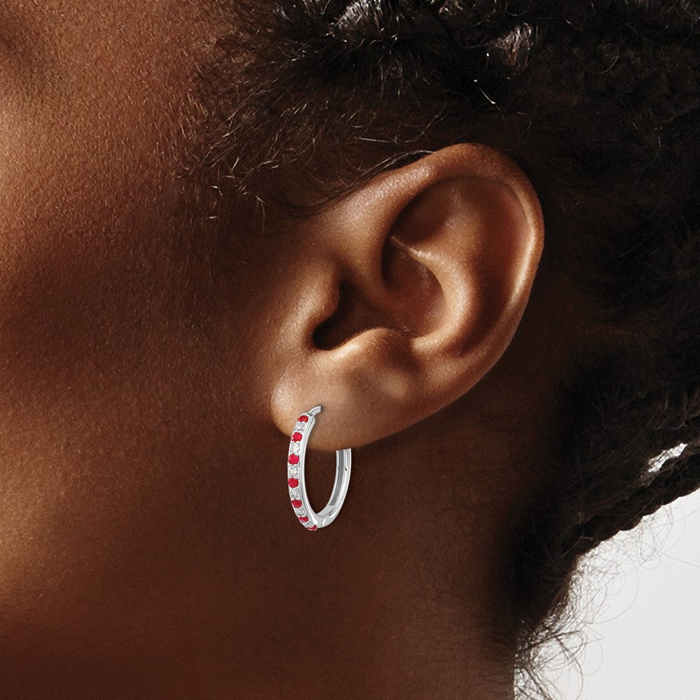 14k White Gold 1/5 Ct. Lab Grown Diamond VS/SI+ G+ and Created Ruby Hinged Hoop Earrings