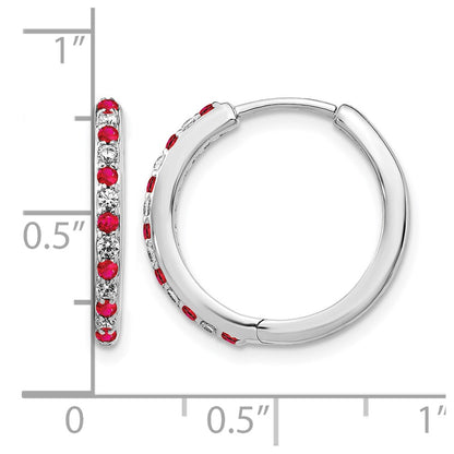 14k White Gold Real Diamond and Ruby Hinged Hoop Earrings