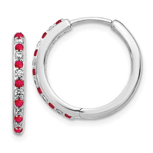14k White Gold 1/5 Ct. Lab Grown Diamond VS/SI+ G+ and Created Ruby Hinged Hoop Earrings