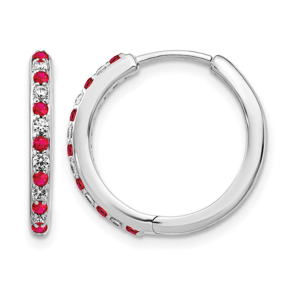 14k White Gold Real Diamond and Ruby Hinged Hoop Earrings