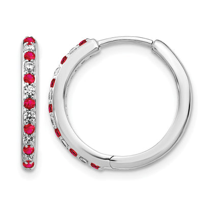 14k White Gold Real Diamond and Ruby Hinged Hoop Earrings