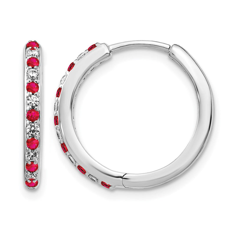 14k White Gold Real Diamond and Ruby Hinged Hoop Earrings