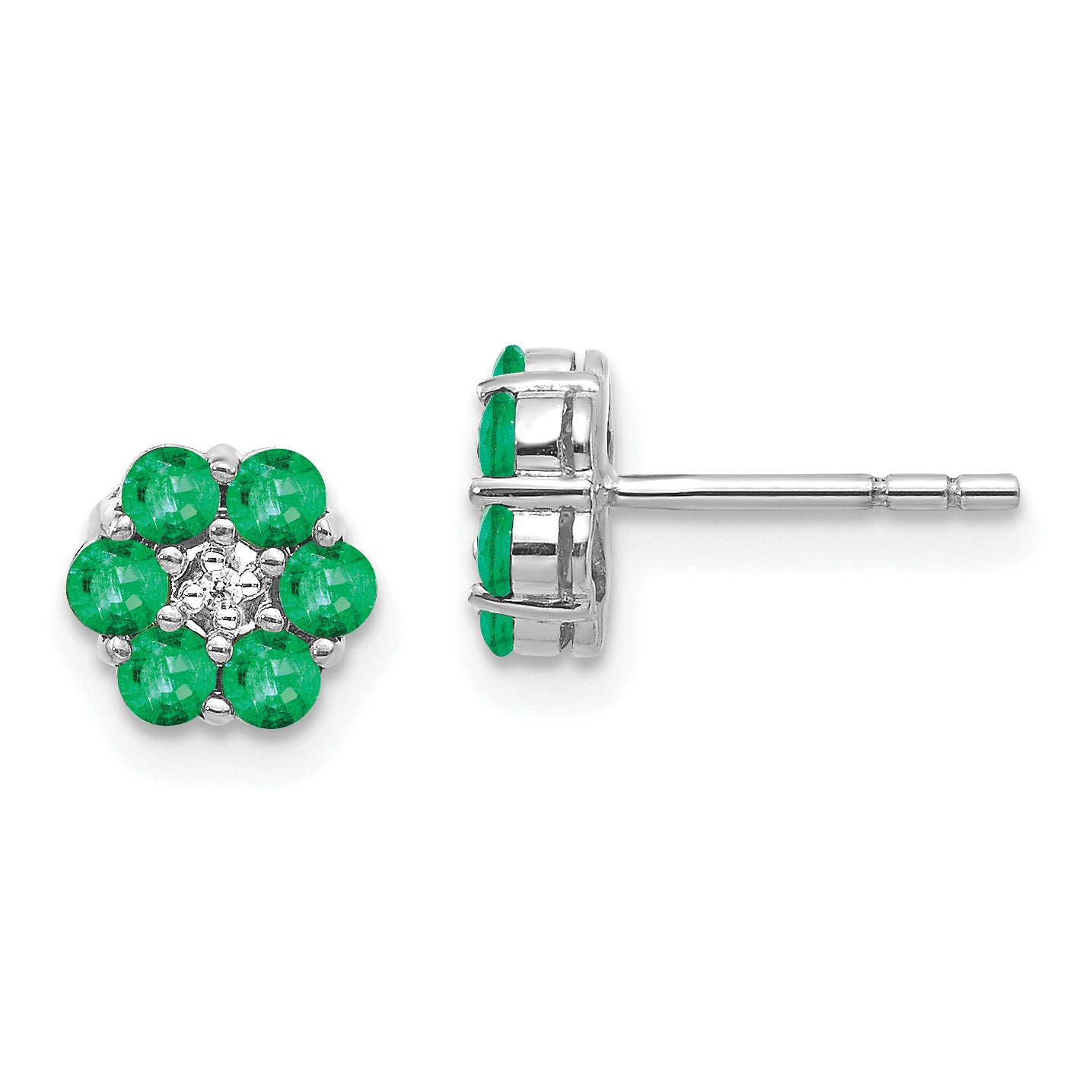 10K White Gold Polished Emerald And Diamond Post Earrings