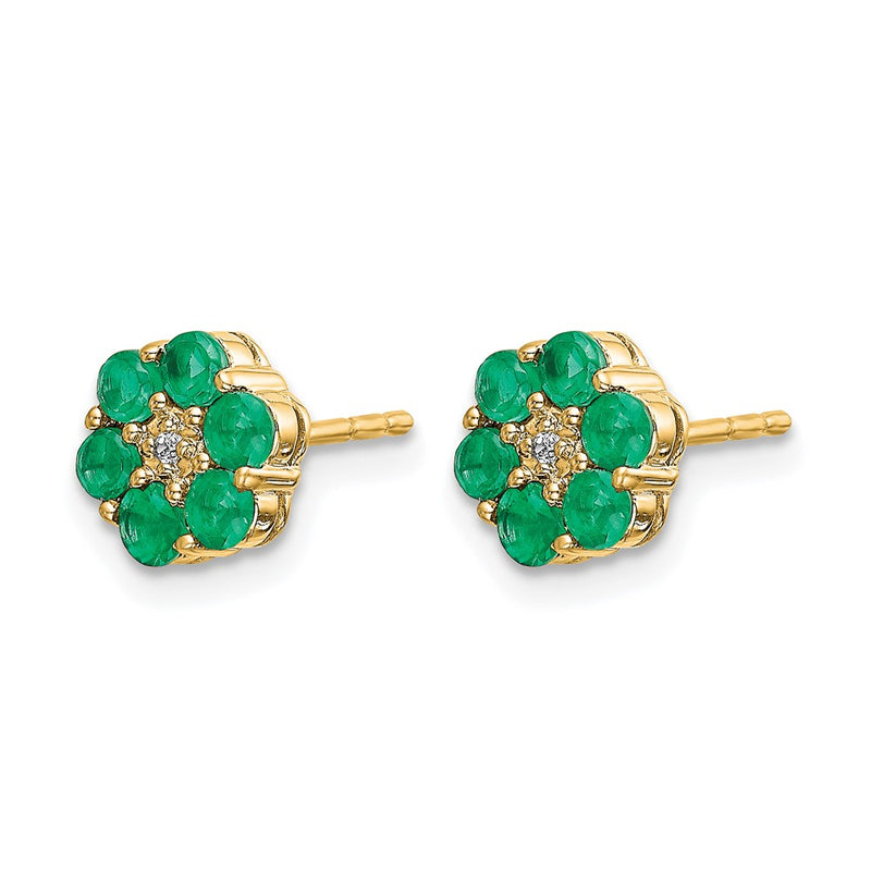 14k Yellow Gold and Rhodium Emerald and Real Diamond Post Earrings