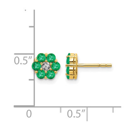 14k Yellow Gold and Rhodium Emerald and Real Diamond Post Earrings