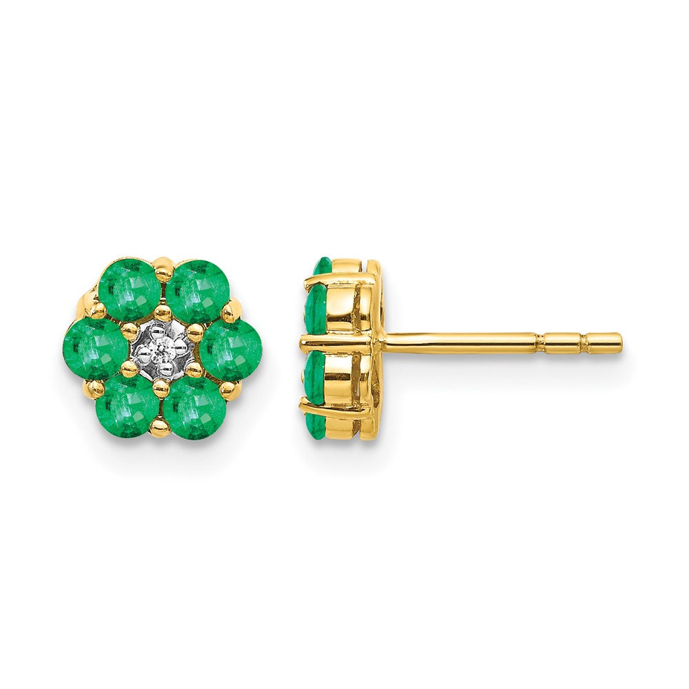 14k Yellow Gold and Rhodium Emerald and Real Diamond Post Earrings