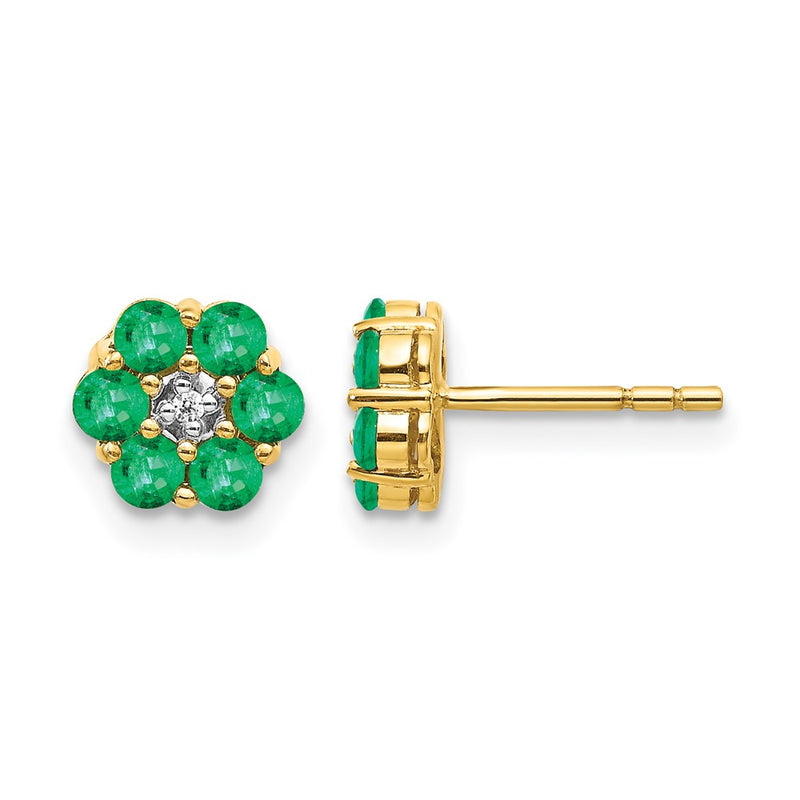 14k Yellow Gold and Rhodium Emerald and Real Diamond Post Earrings