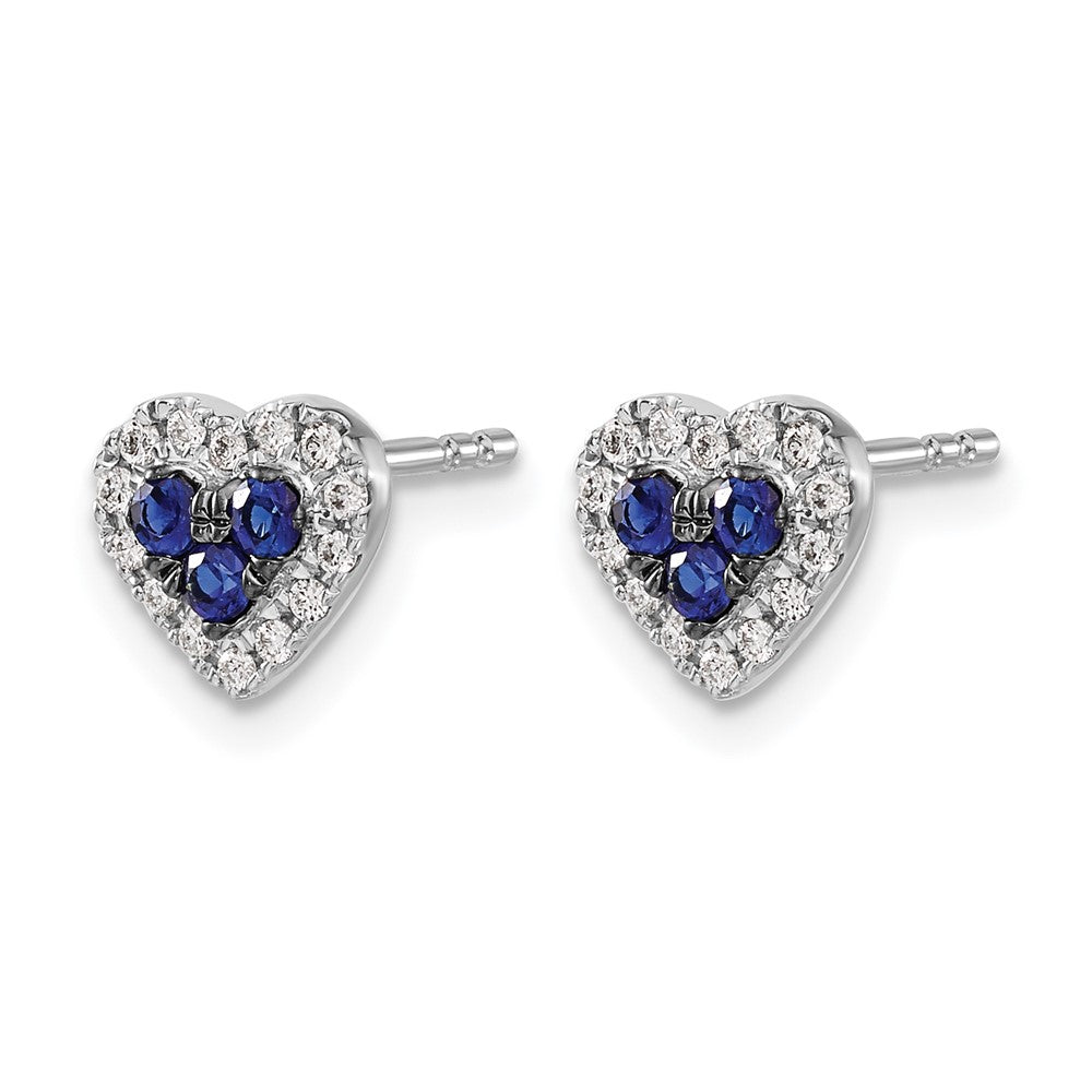 14k White Gold Real Diamond and Sapphire Heart Post Earrings