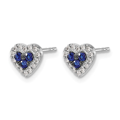 14k White Gold Real Diamond and Sapphire Heart Post Earrings