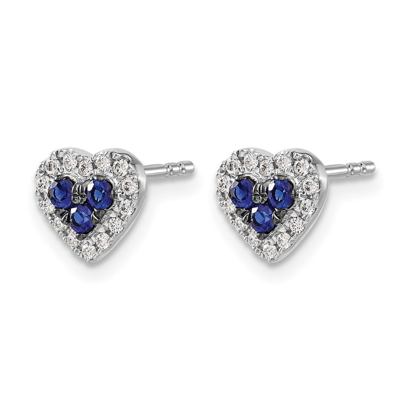 14k White Gold Real Diamond and Sapphire Heart Post Earrings