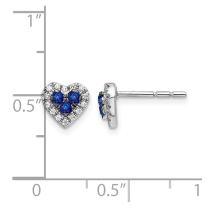 14k White Gold Real Diamond and Sapphire Heart Post Earrings