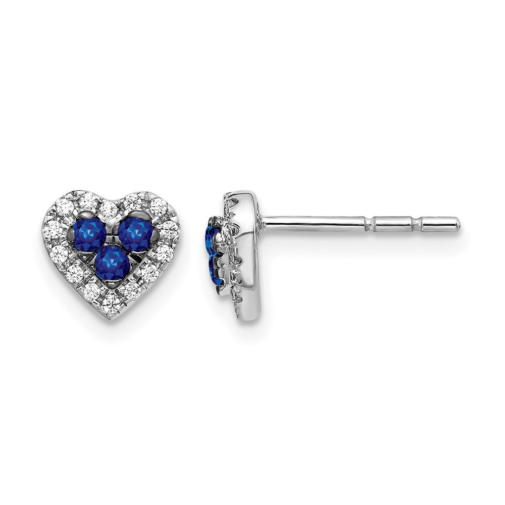 14k White Gold Real Diamond and Sapphire Heart Post Earrings