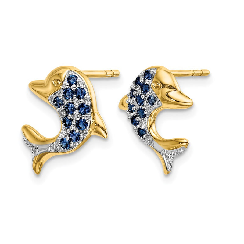 14k Yellow Gold w/Rhodium Marquise Sapphire/Real Diamond Dolphin Post Earrings