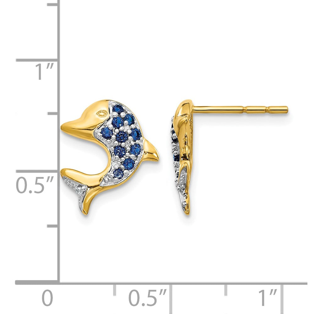 14k Yellow Gold w/Rhodium Marquise Sapphire/Real Diamond Dolphin Post Earrings