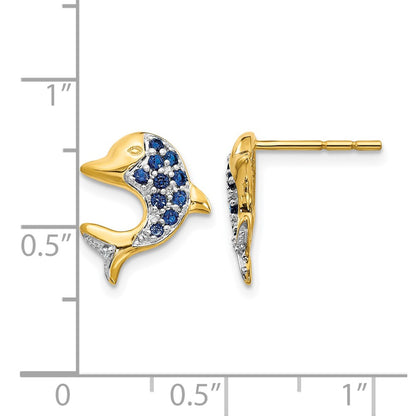 14k Yellow Gold w/Rhodium Marquise Sapphire/Real Diamond Dolphin Post Earrings