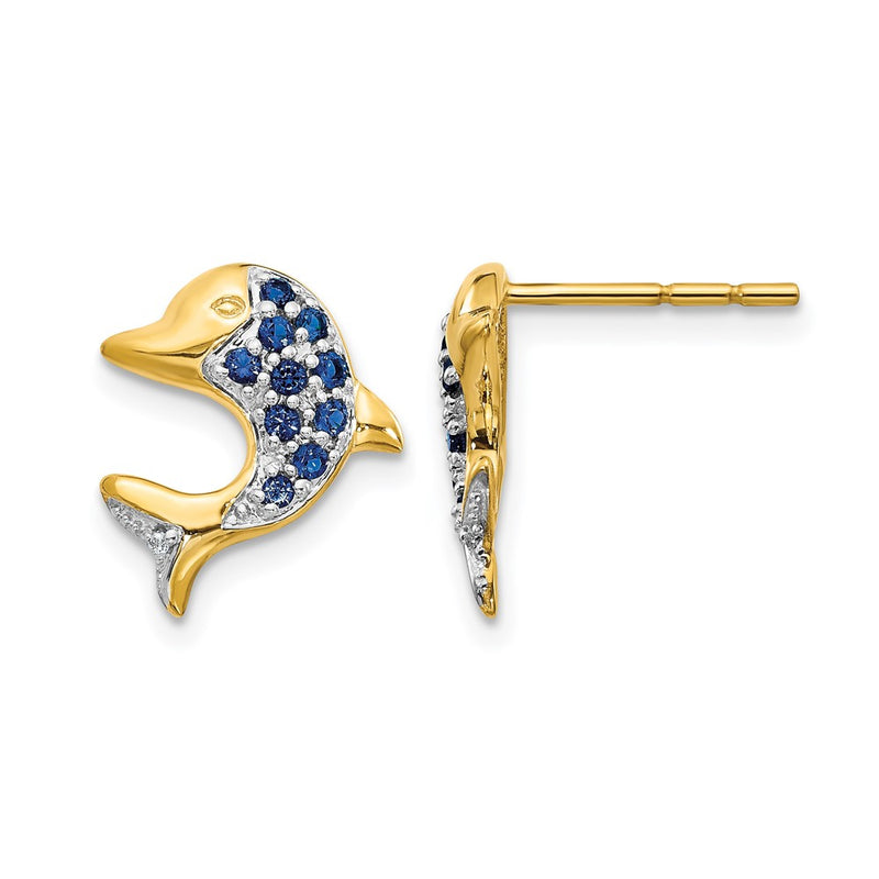 14k Yellow Gold w/Rhodium Marquise Sapphire/Real Diamond Dolphin Post Earrings