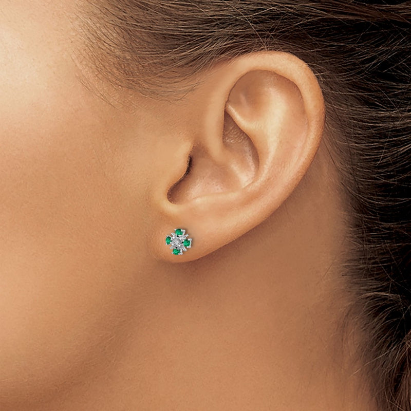 14k White Gold Emerald and Real Diamond Post Earrings