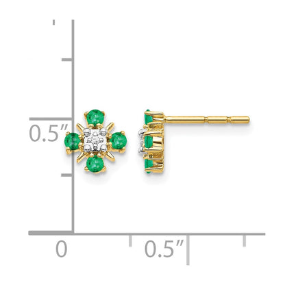 14k Yellow Gold Emerald and Real Diamond Post Earrings