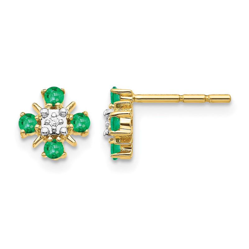 14k Yellow Gold Emerald and Real Diamond Post Earrings
