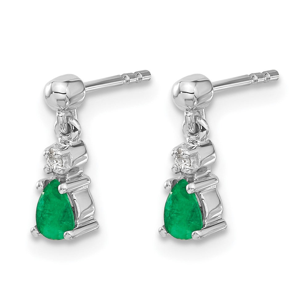 14k White Gold Emerald and Real Diamond Dangle Post Earrings