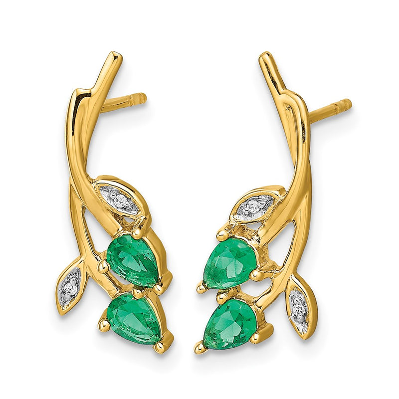 10K Yellow Gold Diamond And Pear Emerald Floral Post Earrings