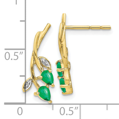10K Yellow Gold Diamond And Pear Emerald Floral Post Earrings