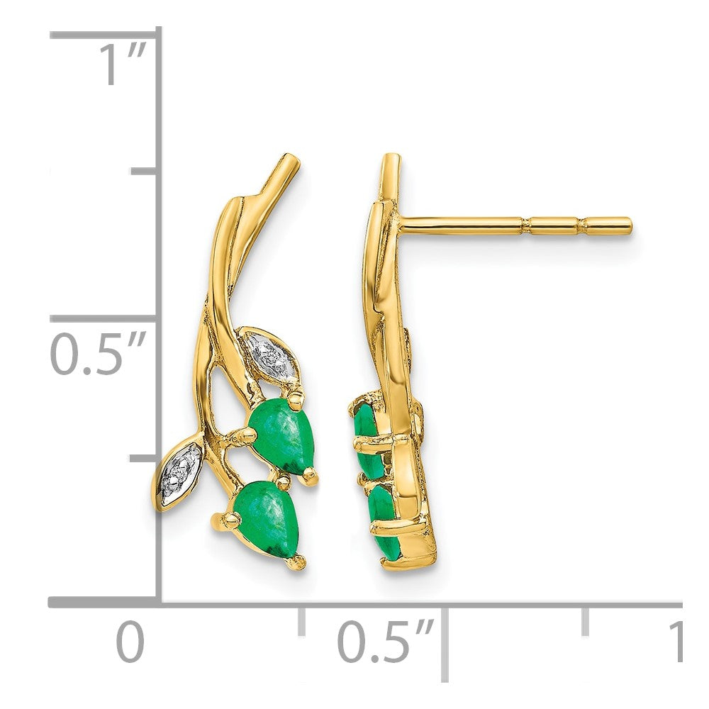 14k Yellow Gold Real Diamond and Pear Emerald Floral Post Earrings