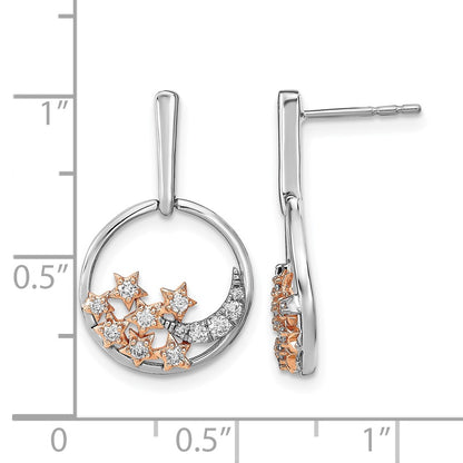 14k Yellow Gold Two-tone Moon and Stars Circle Real Diamond Post Earrings