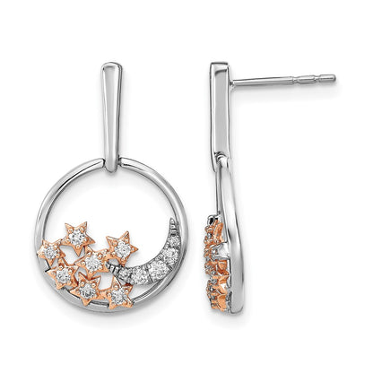 14k Yellow Gold Two-tone Moon and Stars Circle Real Diamond Post Earrings