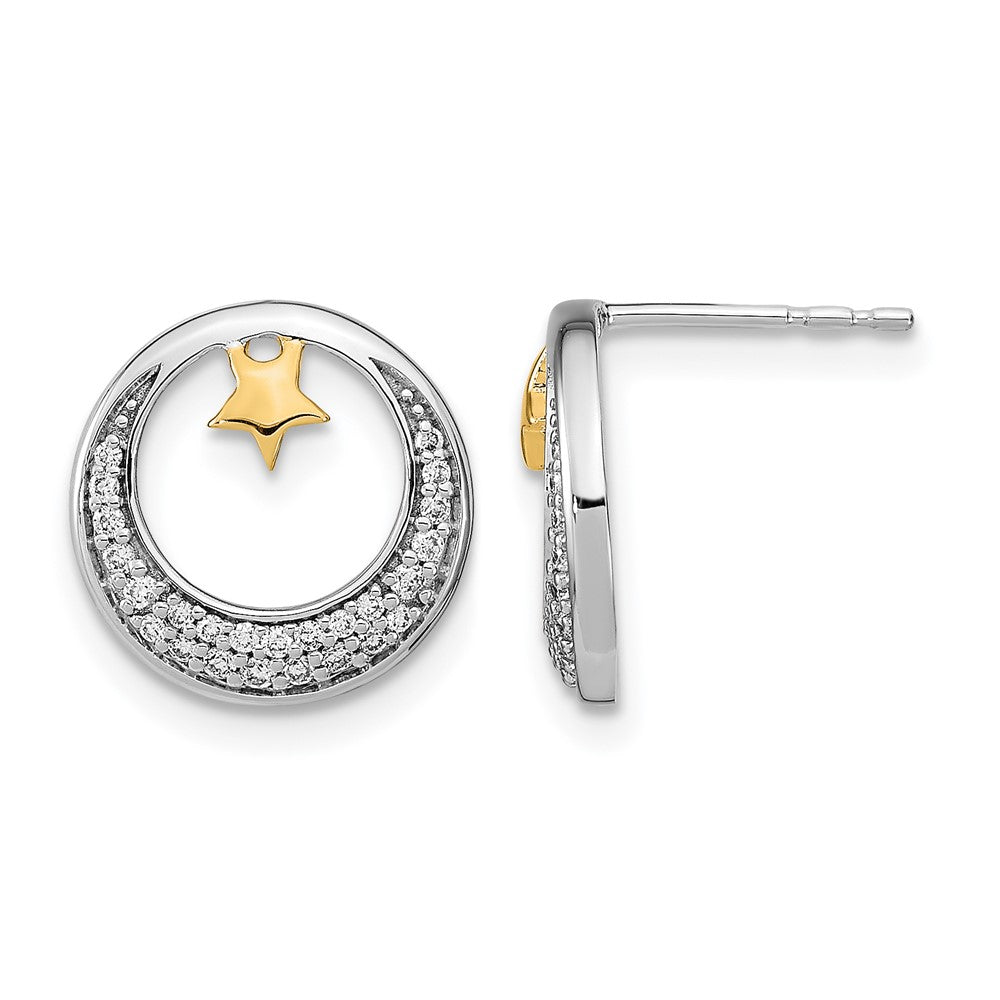14k Yellow Gold Two-tone Polished Moon and Stars Real Diamond Post Earrings