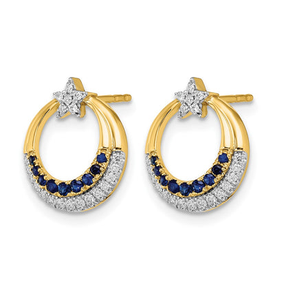 14k Yellow Gold Polished Sapphire and Real Diamond Star and Circle Post Earrings