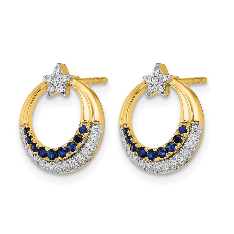 14k Yellow Gold Polished Sapphire and Real Diamond Star and Circle Post Earrings