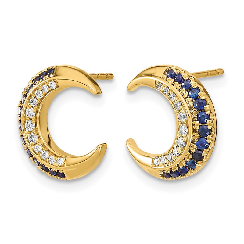 14k Yellow Gold Polished Moon Sapphire and Real Diamond Post Earrings