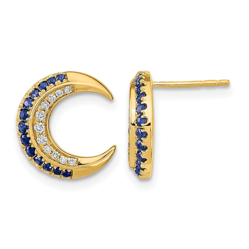 14k Yellow Gold Polished Moon Sapphire and Real Diamond Post Earrings