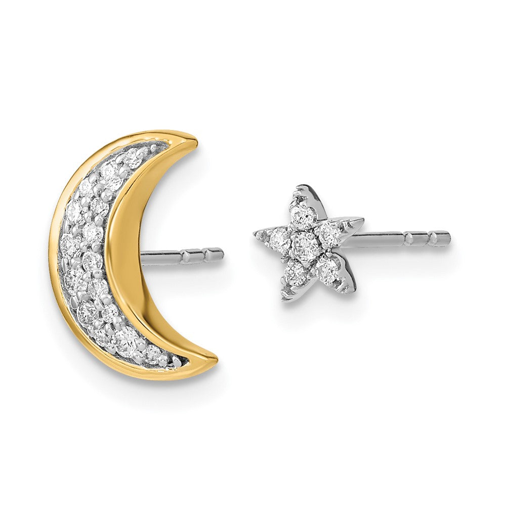 14k Yellow Gold Two-tone Moon andStar Real Diamond Mis-match Post Earrings