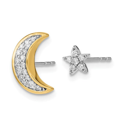 14k Yellow Gold Two-tone Moon andStar Real Diamond Mis-match Post Earrings