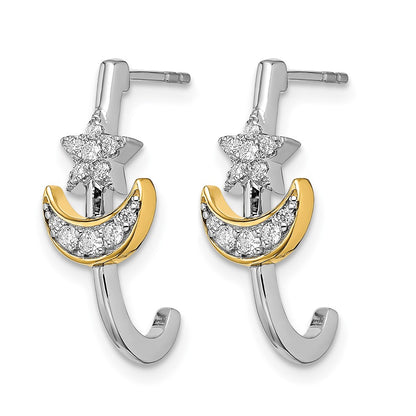 14k Yellow Gold Two-tone Moon w/Star Real Diamond J-hoop Post Earrings